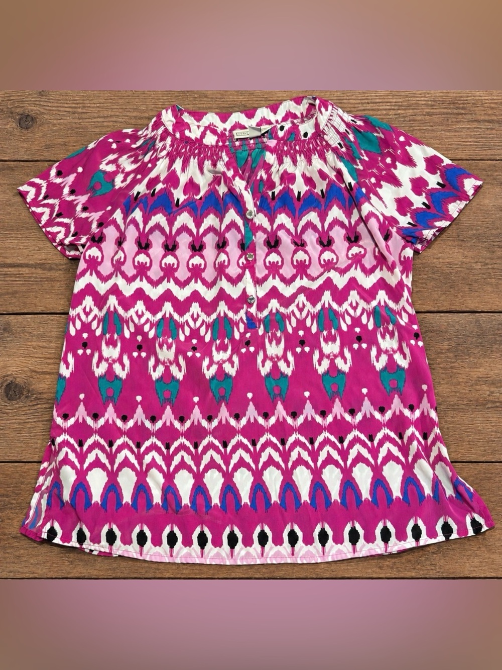 Dana Buchman Women’s Small Blouse – Vibrant Pink Ikat Print Short Sleeve Top